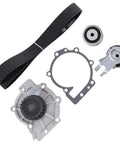 High Quality Timing Belt Kit For Volvo D3 DRIVe D4 D5 Engines 2001 Onwards Fits Engine Timing Replacement With Water Pump And Hardware For Service Keeps Ride Smooth Safe And Fixes Wear Fast Anytime On Your Rig In Shape Saving Dough Staying Cool, timing belt, pulleys, tensioner, and gasket on white background