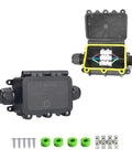 Heavy Duty Pa66 Junction Box With Ip68 Waterproof Rating And Dual Quick Connect Ports For Hella Reliable Extension Cord Repairs And Coaxial Underground Wiring Jobs Anywhere, showing black housing and internal wiring connectors.
