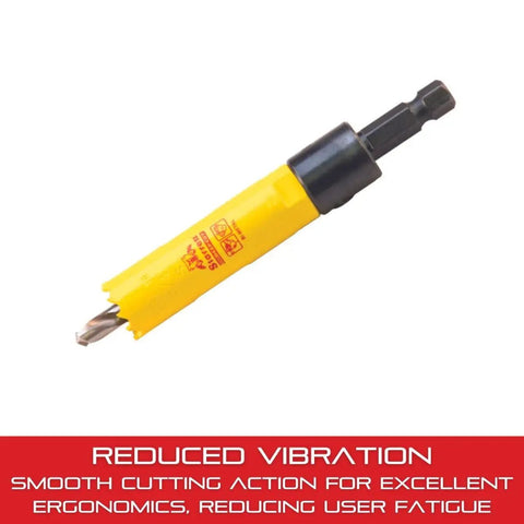 Bi-Metal Deep Cut Hole Saw With Arbor For Fast Metal Wood And Steel Cutting, Abrasion Resistant HSS Teeth, Three Quarter Inch Diameter, Two Inch Depth, NVP Progressive Pitch Technology, Heavy Duty Precision Tool ADCH0034 showing yellow casing and drill bit