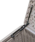 Interior view of 130 Gallon Desert Sand Deck Box with Weatherproof HDPE, showing spring-hinge lid and powder-coated steel hinges.