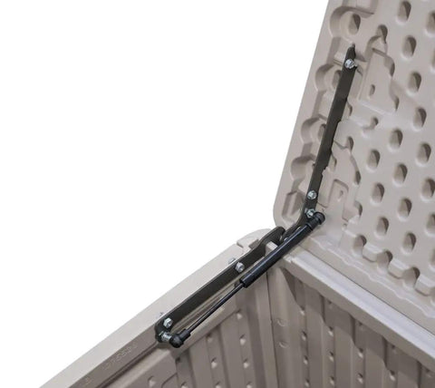 Interior view of 130 Gallon Desert Sand Deck Box with Weatherproof HDPE, showing spring-hinge lid and powder-coated steel hinges.