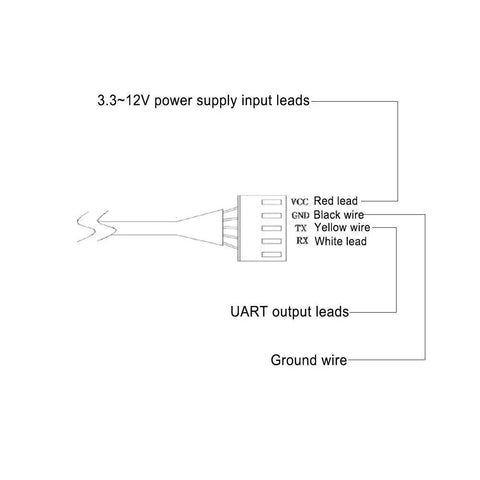 Wiring diagram for Ultrasonic Liquid Level Sensor With No Touch Detection, UART Serial Output, 3.3 To 12V Power, Compact Size.