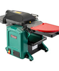 12 Inch Combo Planer Jointer With Helical Cutterhead 1.5 Hp Motor, showing machine side with black hood and red dust chute.