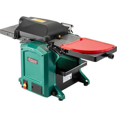 12 Inch Combo Planer Jointer With Helical Cutterhead 1.5 Hp Motor, showing machine side with black hood and red dust chute.