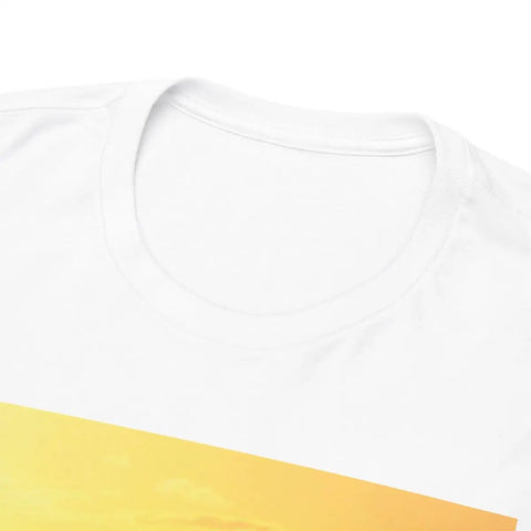 Close-up of Outrigger Canoe Sunset Molokai Hawaii Tee Unisex Heavy Cotton Shirt White Size Large collar detail