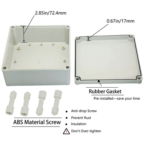 IP67 Waterproof Junction Box In Tough ABS Plastic, Dustproof Outdoor Indoor Electrical Project Enclosure, Universal DIY Electronics Box In Grey, Measures 7.87 X 7.87 X 3.74 Inches, All Weather Beefy Build with lid, screws, and gasket details.