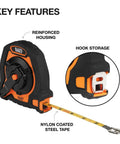 Closed Reel Tape Measure With 100 Foot Nylon Coated Blade Fast Three To One Gear Retracting Smooth Release Button And Safe Hook Storage