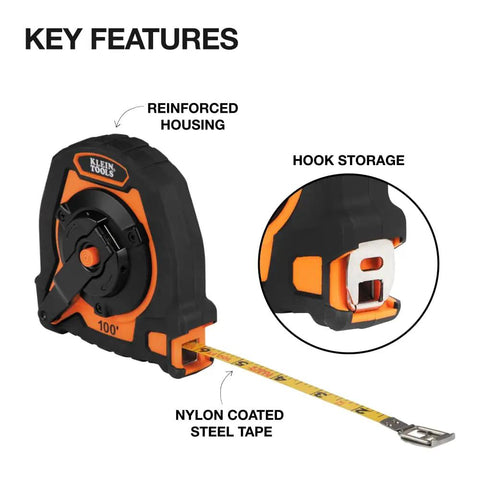 Closed Reel Tape Measure With 100 Foot Nylon Coated Blade Fast Three To One Gear Retracting Smooth Release Button And Safe Hook Storage