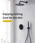 Heavy Duty 10 Inch Wall Mount Rain Shower System Set With Sweet Matte Black Finish And Air Infused High Pressure Head.
