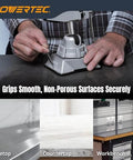 Go To Vacuum Base Vise With 2-3/4 Inch Jaw securing to table, demonstrating suction on smooth surfaces for DIY projects and woodworking