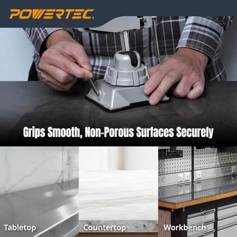 Go To Vacuum Base Vise With 2-3/4 Inch Jaw securing to table, demonstrating suction on smooth surfaces for DIY projects and woodworking