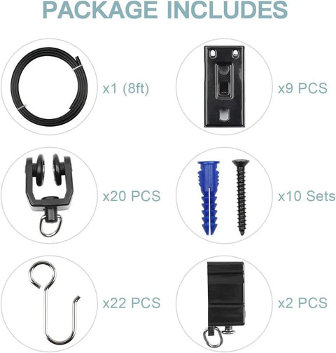 Package contents of Flexible Ceiling Curtain Track System For Ceiling Mount And Room Divider, includes components shown.