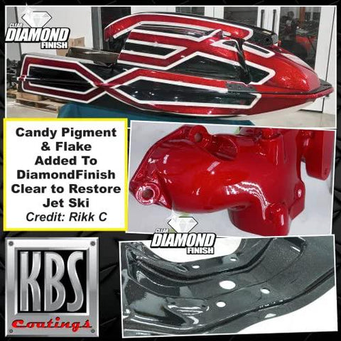 KBS Coatings DiamondFinish 8404 Watercolor Clear Coat, 1 qt; collage of red motorcycle body parts and DiamondFinish logos