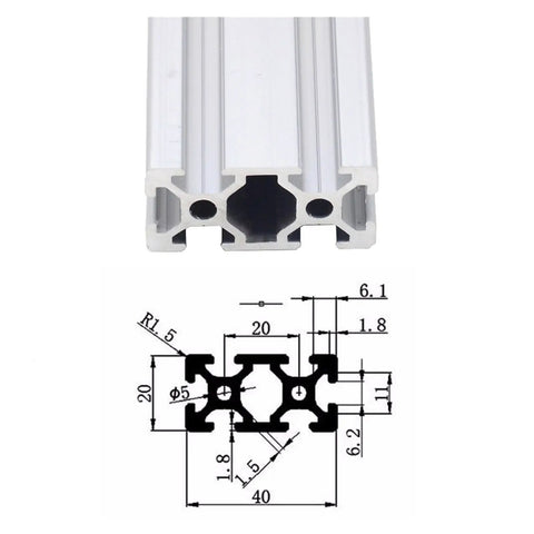 Top Shelf 2040 Aluminum Linear Rail Extrusion Profile For Cnc Router And 3d Printer Build Tough T Slot Guide Rail showing cross-section with dimensions.