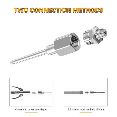 7 Piece Car Grease Gun Needle Accessory Kit With Steel Nozzles And Nipple Adapters for auto maintenance, showing connection methods