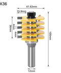 Premium Adjustable Box Joint Router Bit With Five Tough Carbide Blades and Fast Shank Setup for Slick Tenon Cuts, dimensions displayed.
