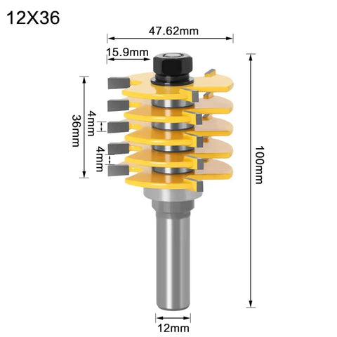 Premium Adjustable Box Joint Router Bit With Five Tough Carbide Blades and Fast Shank Setup for Slick Tenon Cuts, dimensions displayed.