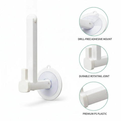 Telescopic Plastic Shelf Bracket With Rotating Base No Drill Adhesive Corner Organizer, detail on adhesive and rotating features
