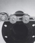 Lightweight Cast Aluminum Dual Angle Flange Level with 24 Inch Radius, shown aligning a PVC pipe flange with nut bolts visible.
