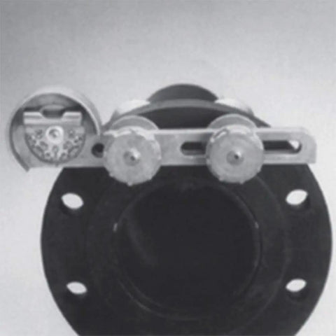 Lightweight Cast Aluminum Dual Angle Flange Level with 24 Inch Radius, shown aligning a PVC pipe flange with nut bolts visible.