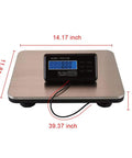 Heavy Duty Digital Shipping Scale With Six Hundred Sixty Pound Load And Smooth Stainless Steel Platform For Real Deal Accurate Parcel Weighing Plus Straight Up LCD Readouts, showing LCD screen and dimensions.