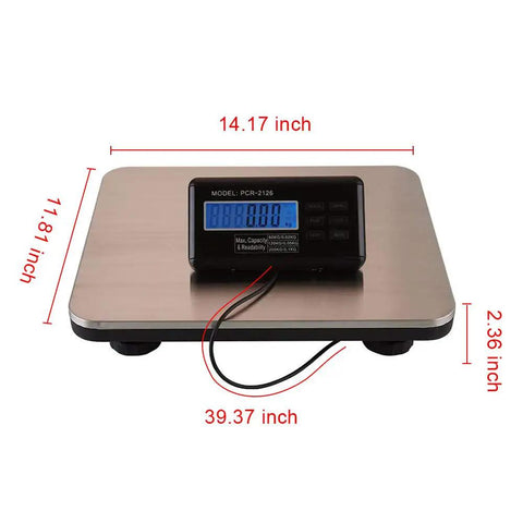 Heavy Duty Digital Shipping Scale With Six Hundred Sixty Pound Load And Smooth Stainless Steel Platform For Real Deal Accurate Parcel Weighing Plus Straight Up LCD Readouts, showing LCD screen and dimensions.