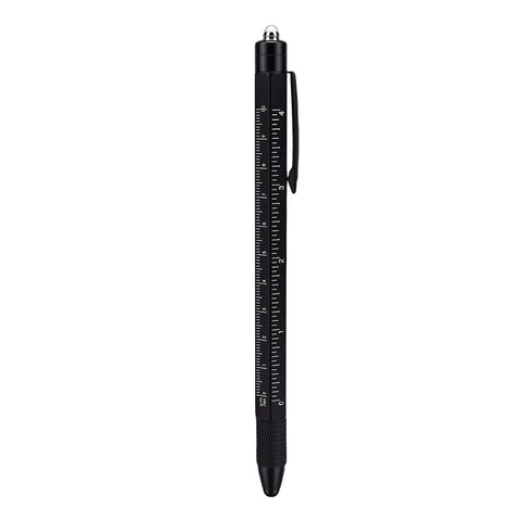 Black 10 In 1 Multitool Pen With Ruler And Bottle Opener, Metal Touchscreen Pen For Everyday Carry shown vertically