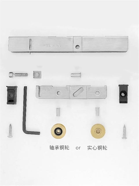 Heavy Duty Sliding Door Rollers With Smooth Glide Stainless Steel Shower Door Wheels and Copper Ball Bearing Pulleys for Glass Doors and Windows Hardware components such as screws and pulleys arranged neatly.