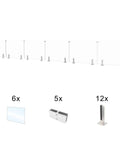 Top Tier Six Panel Laminated Glass Railing Kit For Decks 315 to 324 Wide 44 High showing six glass panels and stainless hardware.