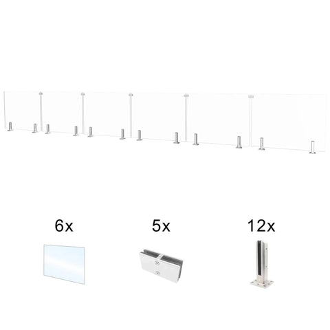 Top Tier Six Panel Laminated Glass Railing Kit For Decks 315 to 324 Wide 44 High showing six glass panels and stainless hardware.