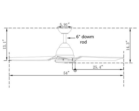 Diagram of 54 Inch Outdoor Wet Rated Waterproof Ceiling Fan Matte Black With Modern Style for porches and indoor spaces, side view.