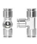 Quarter Inch Union Tee Fitting For Air Lines, 304 Stainless Steel 3 Way Pneumatic Tube Connector, front and side view