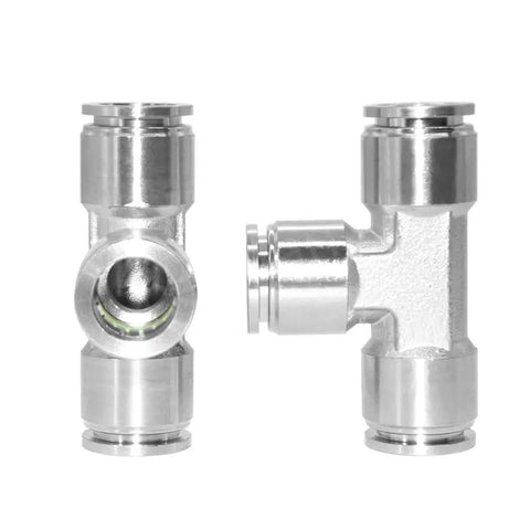Quarter Inch Union Tee Fitting For Air Lines, 304 Stainless Steel 3 Way Pneumatic Tube Connector, front and side view
