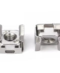 Premium 304 Stainless Steel M6 Cage Nuts built like a tank for server racks, showing two locking inserts from a front view.