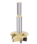 Front view of 35mm hinge boring bit with 9mm hex shank and 3-flute cutter for woodworking.