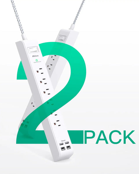 Two Pack Flat Plug Power Strip With Six Outlets And Four USB Ports USB A And USB C Surge Protector, 12 Foot Long Extension Cord