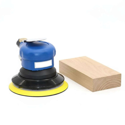 Auto Body Polisher And 5 Inch Palm Pneumatic Orbital Sander For Woodworking, Pro Grade Industrial Power Tool NT 301 next to wood block