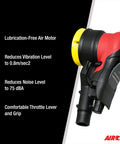 Central Vacuum Orbital Palm Sander And Polisher With Lubrication-Free Air Motor Anti-Vibration Technology 11,000 RPM, features listed