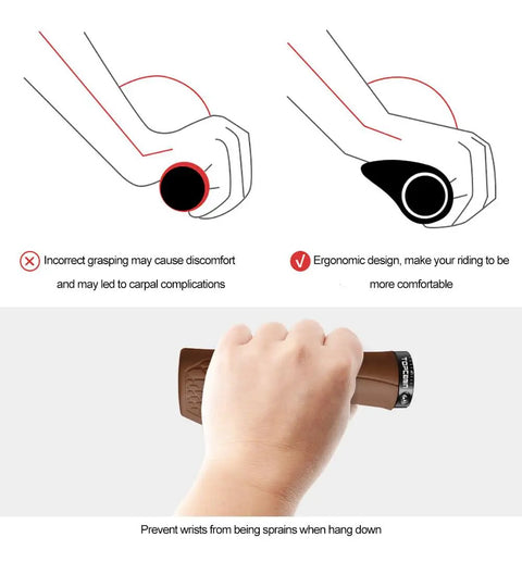 Demonstration of ergonomic design of Lock On Ergonomic Bicycle Handlebar Grips With Aluminum Inner Ring 130mm Long Fit 20 To 23 Mm Bars.