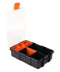 Open Two Layer Plastic Tools Organizer Box For Garage And Workshop with clear lid and orange compartments, durable build.
