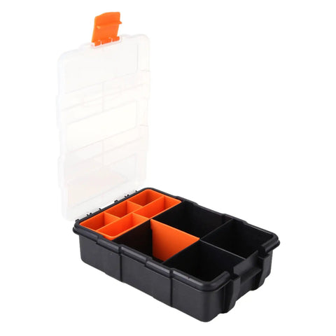 Open Two Layer Plastic Tools Organizer Box For Garage And Workshop with clear lid and orange compartments, durable build.