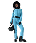 Women's One Piece Ski Suit Insulated Snowsuit For Outdoor Winter Sports Warm And Waterproof Jumpsuit With High Stretch Nylon Spandex Duck Down Fill Slim Yet Flattering Fit Blue XS shown from front.