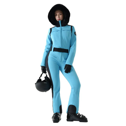 Women's One Piece Ski Suit Insulated Snowsuit For Outdoor Winter Sports Warm And Waterproof Jumpsuit With High Stretch Nylon Spandex Duck Down Fill Slim Yet Flattering Fit Blue XS shown from front.