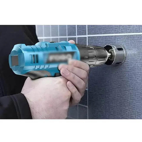 Premium Multifunctional Cordless Electric Drill Kit Featuring Badass Torque Copper Core Motor Quick Charge Battery Life about to drill into wall