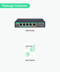 4 Port PoE Passthrough Switch And Extender With 90W Input, Four PoE Output Ports, IEEE 802.3af/at/bt, shown with user manual.