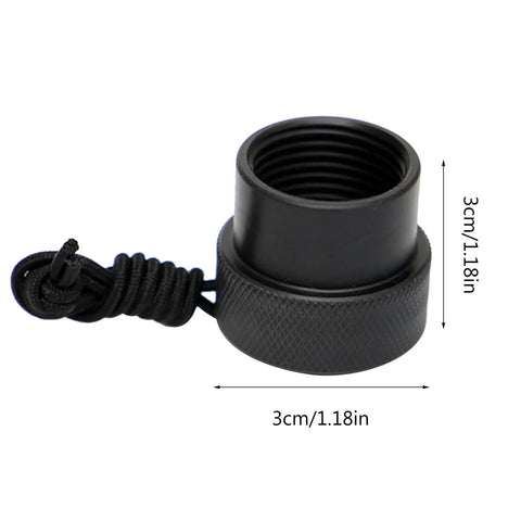 Industrial DIN Tank Valve Dust Cap With Rope Attachment for Scuba Regulators showing size and ABS wear resistant material.