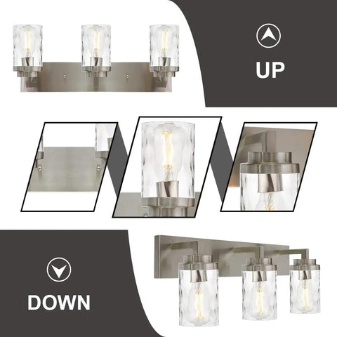 Go To Brushed Nickel Vanity Light 3 Light Modern Bathroom Fixtures Over Mirror With Hammered Glass Shade Up Down Installation Guide