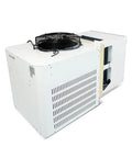 Go-To Commercial Upright Freezer Fridge, Slick Stainless Steel Four Door Cold Storage Cabinet cooling unit with fan and vents.