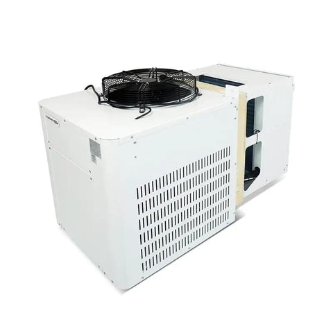 Go-To Commercial Upright Freezer Fridge, Slick Stainless Steel Four Door Cold Storage Cabinet cooling unit with fan and vents.