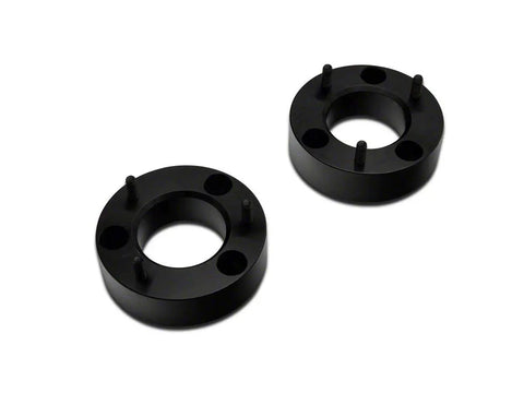 Front Leveling Kit 2.5 Inch Lift For Ford F150 2004 To 2020 2WD 4WD Excluding Raptor Eliminates Factory Rake And Boosts Front Ground Clearance With Easy Bolt On Install, black CNC-machined aluminum spacers displayed